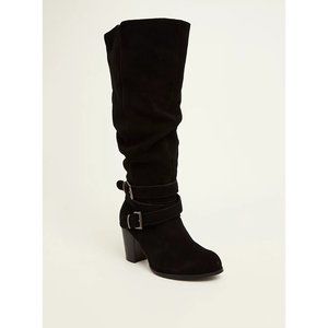 Black Suede Boho Buckle Slouch Boot Wide Calf